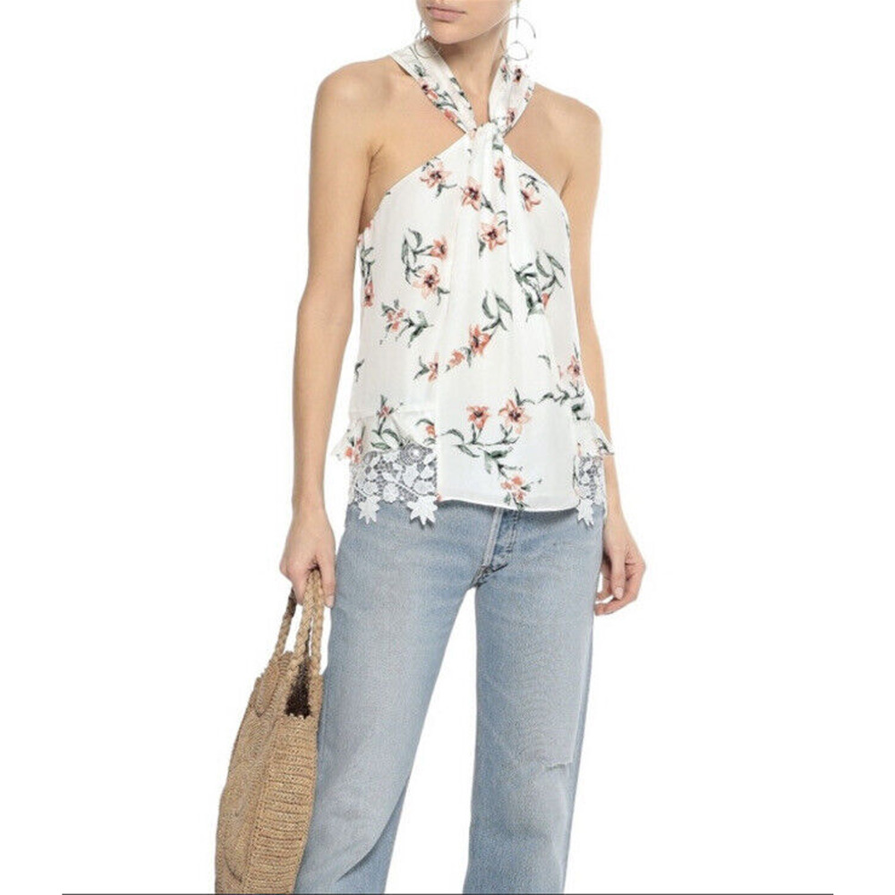 Joie 100% Ivory Floral Silk Lace Trim Twisted Neck Blouse Small NEW